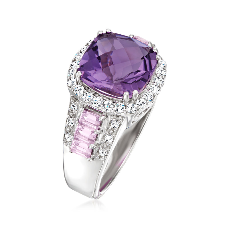 Sterling silver ring with large oval amethyst, diamond halo, pink baguette stones