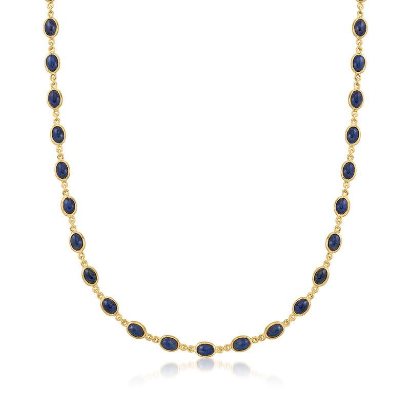 Gold over sterling sapphire station necklace with oval blue gemstones in linked stations