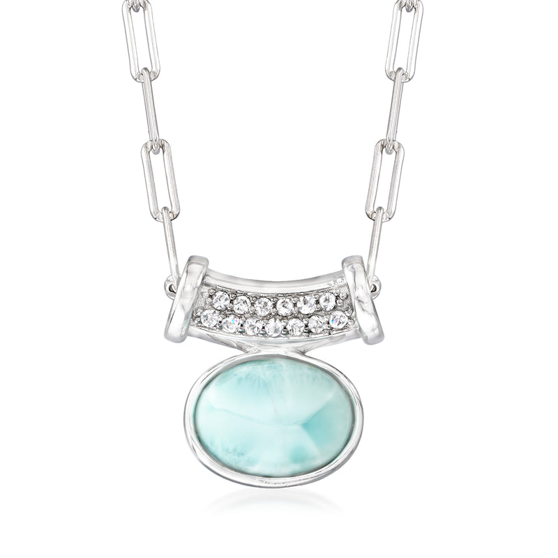 Sterling silver paper clip link necklace with oval light-blue stone pendant