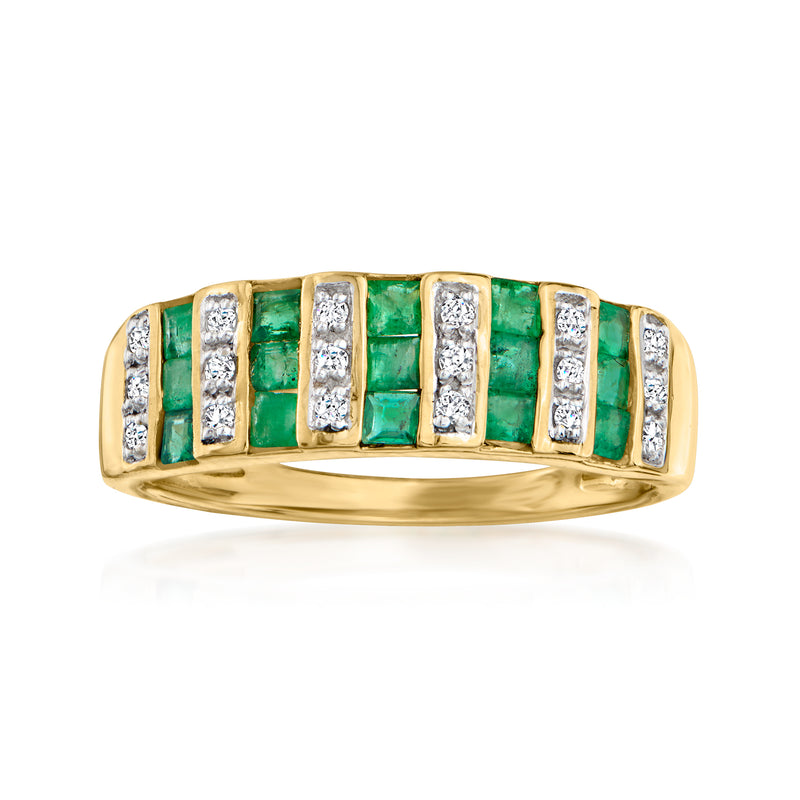 14k yellow gold ring with green emerald rectangles and diamond accents