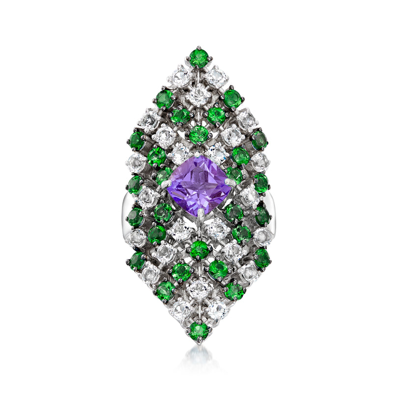 Sterling silver ring with oval amethyst center, green chrome diopside and white zircons