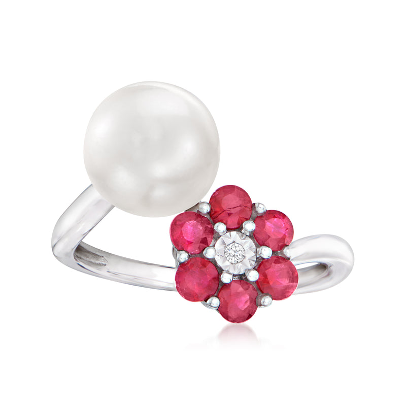 Sterling silver bypass ring with white pearl and ruby flower cluster with clear stones