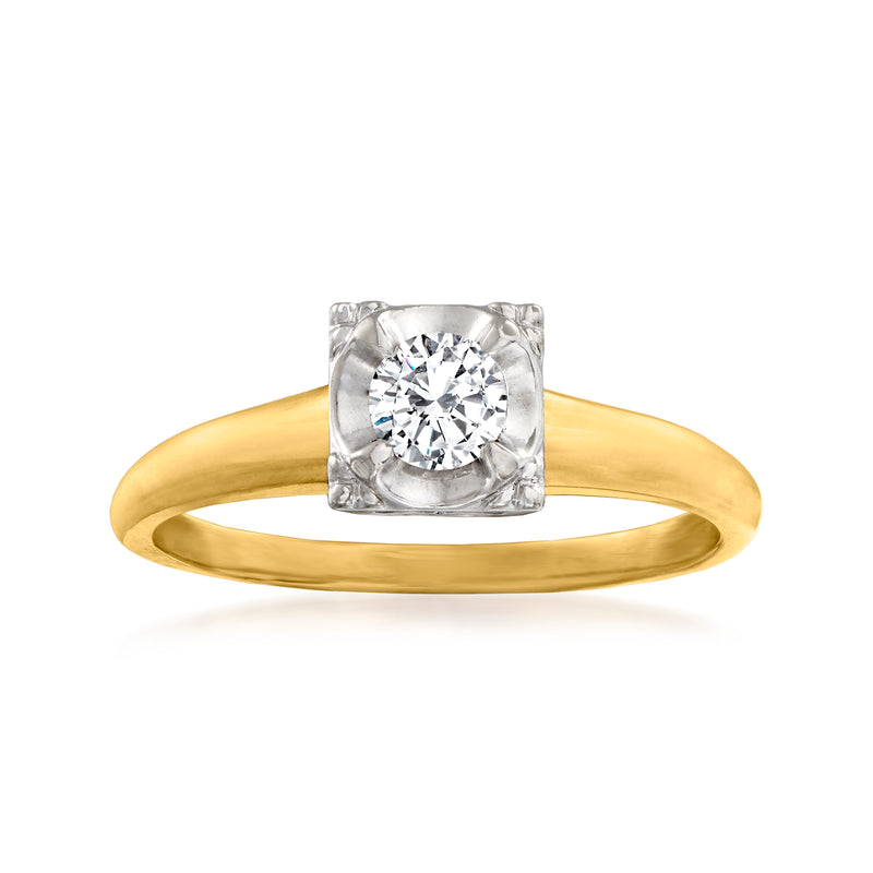 Two-tone 14kt gold vintage ring with round diamond in square halo