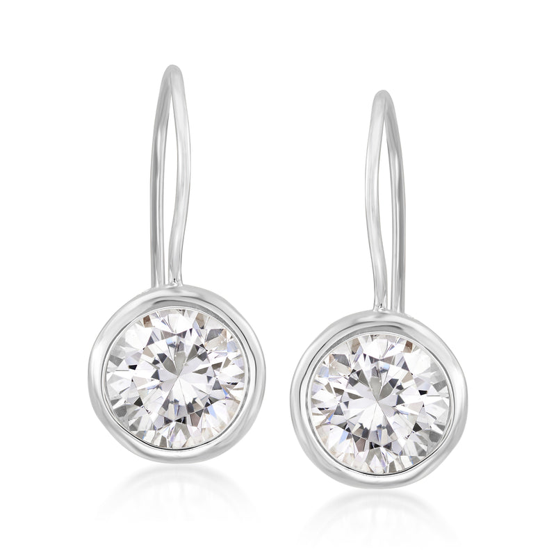 Sterling silver bezel-set CZ drop earrings, round clear stones in circular frames