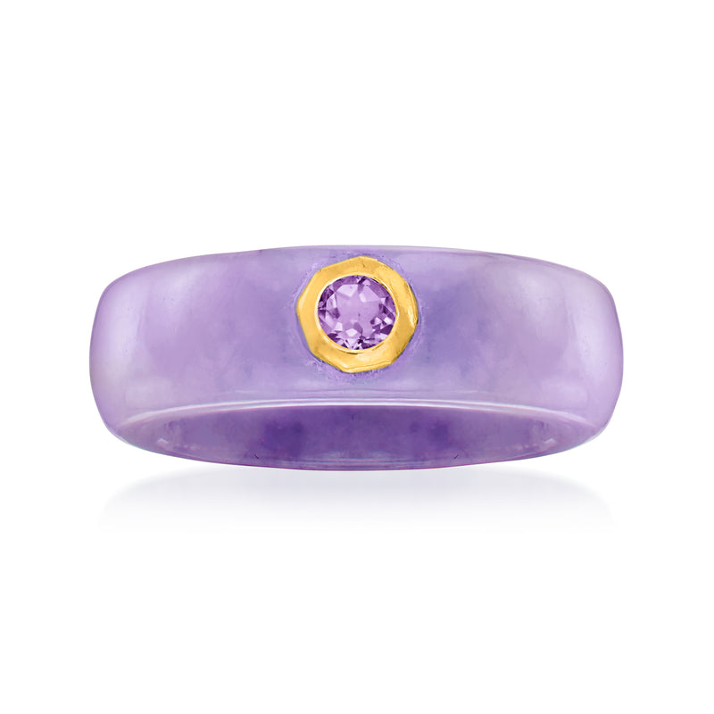 Lavender purple jade ring with gold bezel-set oval amethyst gemstone