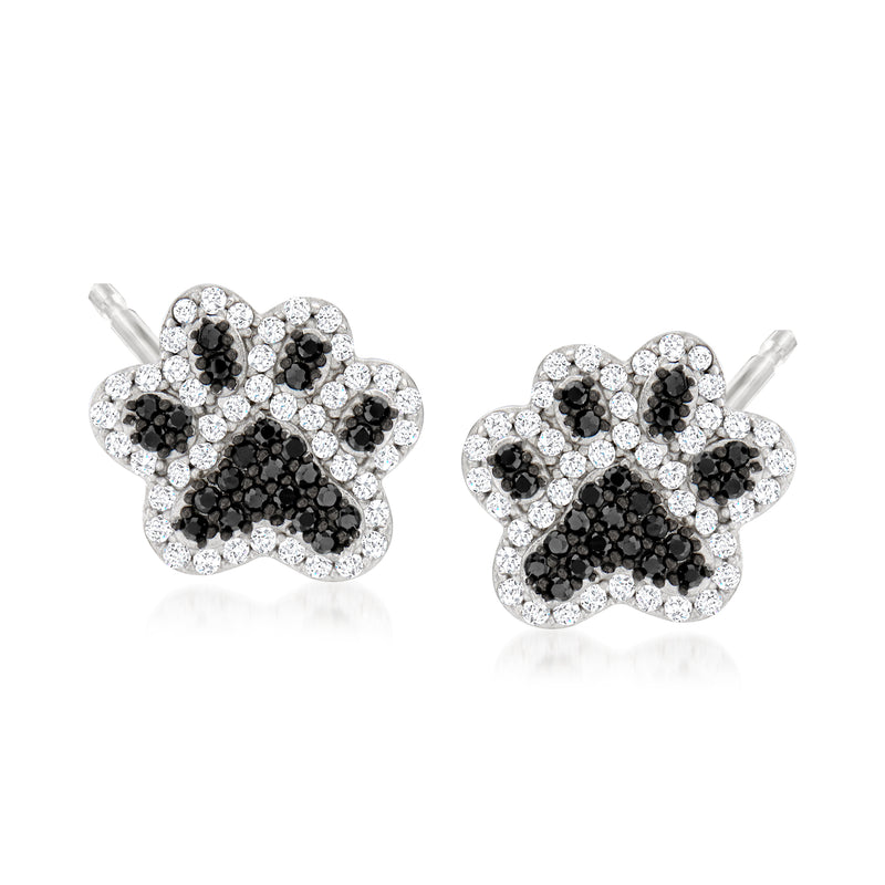 Sterling silver CZ paw print stud earrings, black and white stones, post backs