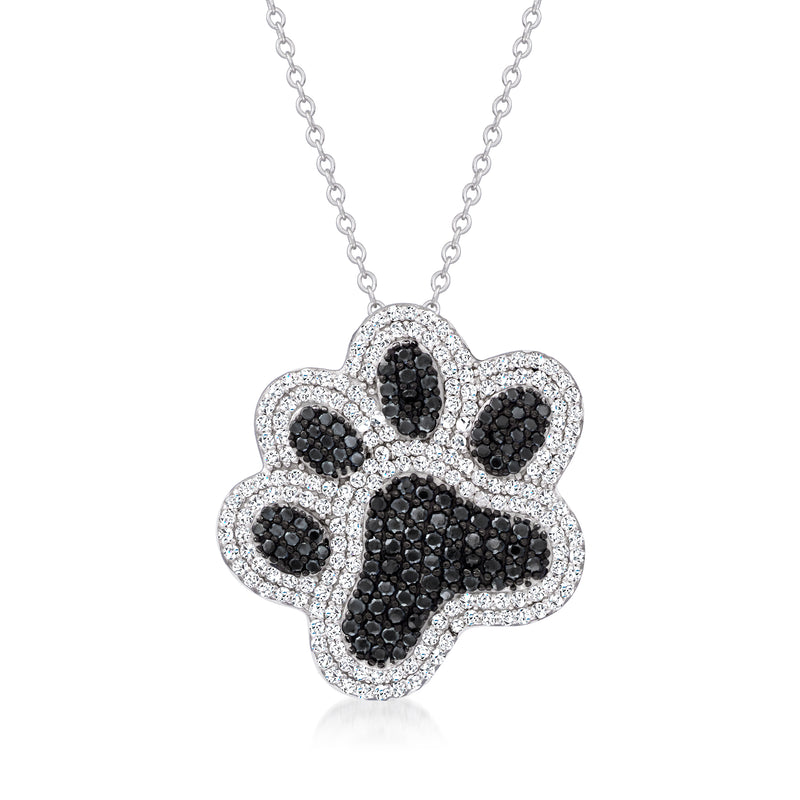 Sterling silver paw print pendant necklace with black and clear CZ stones
