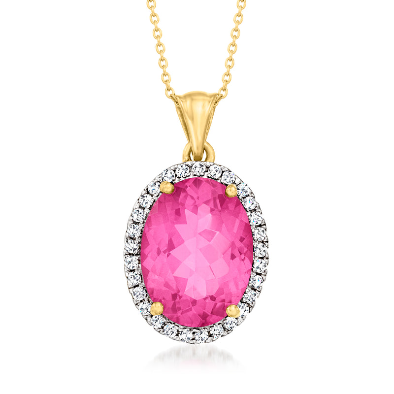 Gold-tone pendant necklace with oval pink gemstone halo and white zircon accents