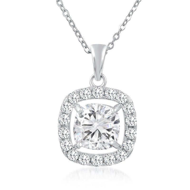 Sterling silver moissanite pendant necklace with square halo and open-space frame