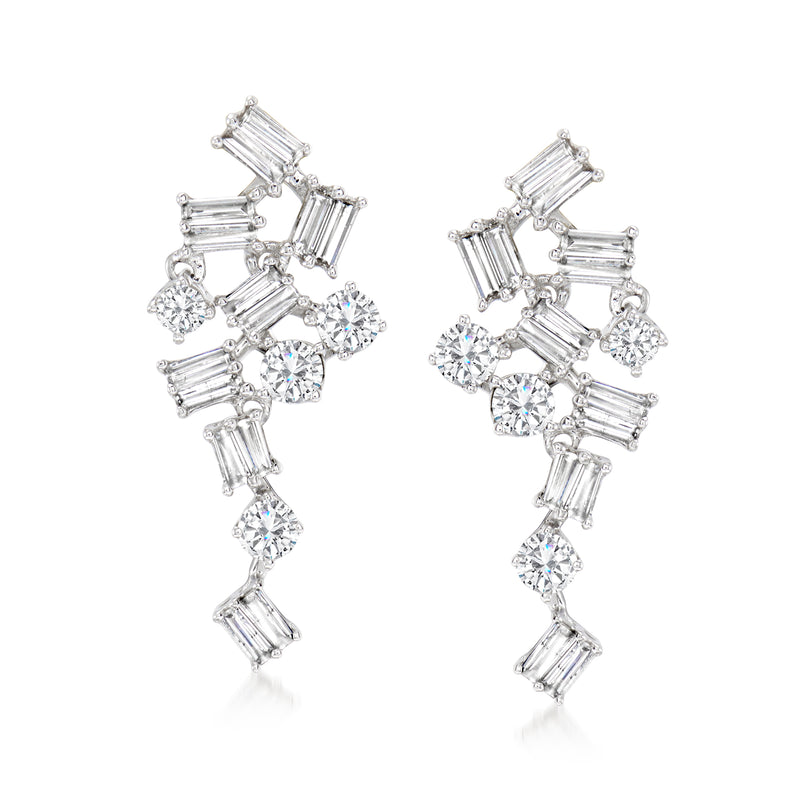 Geometric diamond drop earrings in 14kt white gold, multi-shape baguette and round stones