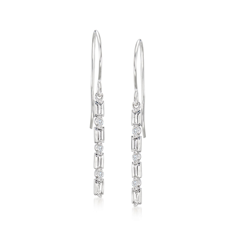 14kt white gold linear drop earrings with round and baguette diamonds, earwire style