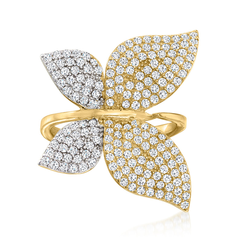 Gold over sterling CZ butterfly ring with pave round stones, two layered wings