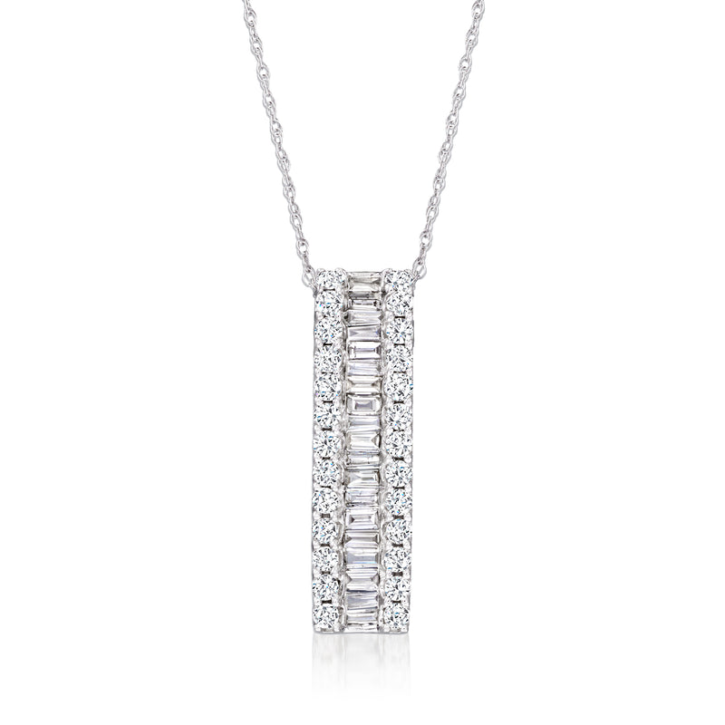 14kt white gold diamond bar pendant necklace with round and baguette stones