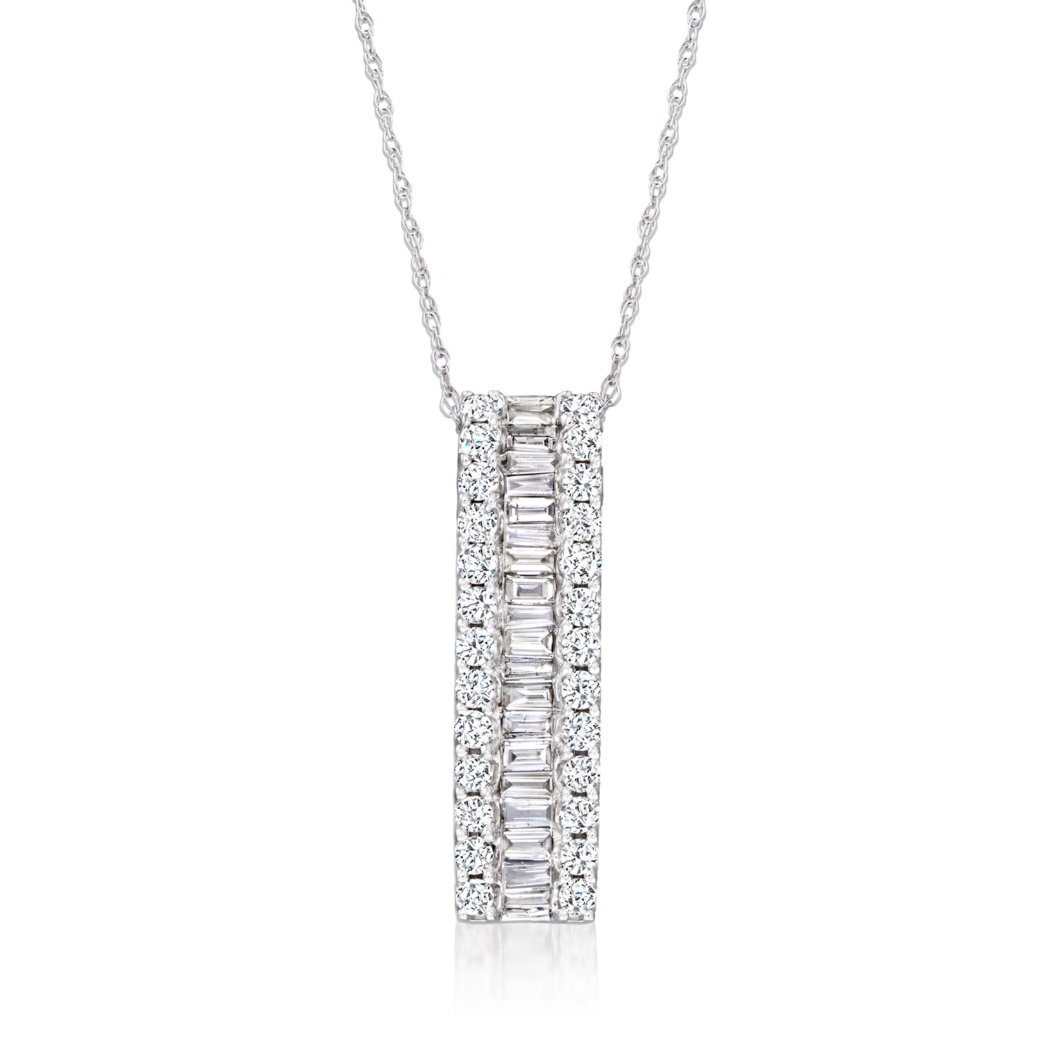 1.00 ct. t.w. Round and Baguette Diamond Bar Pendant Necklace in 14kt White Gold