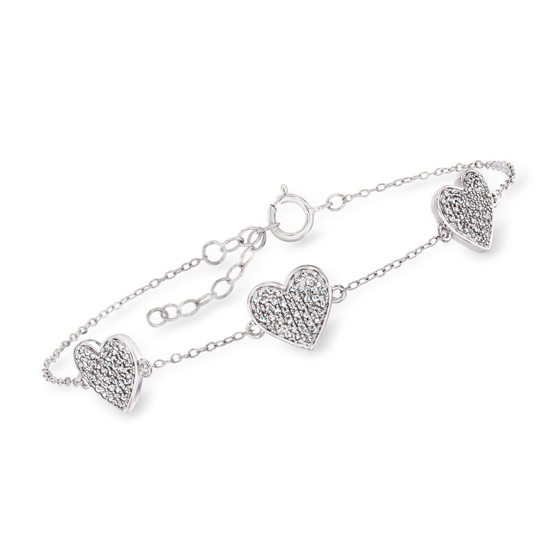 14kt white gold pave diamond heart bracelet with heart charm links on chain
