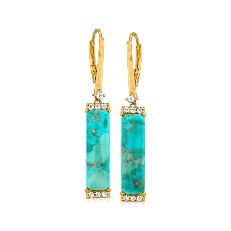 Turquoise rectangle drop earrings with white stone accents, leverback, gold-tone