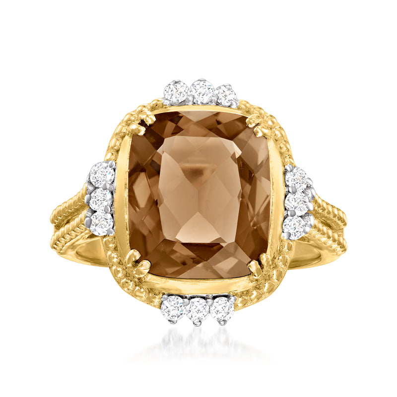 18kt gold over sterling ring with large oval smoky quartz center and white topaz halo