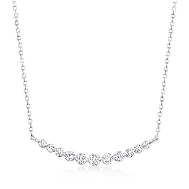 14kt white gold diamond crescent necklace with small round stones, linked chain