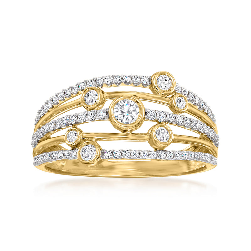 14kt yellow gold diamond multi-row ring, bezel-set round stones on stacked bands