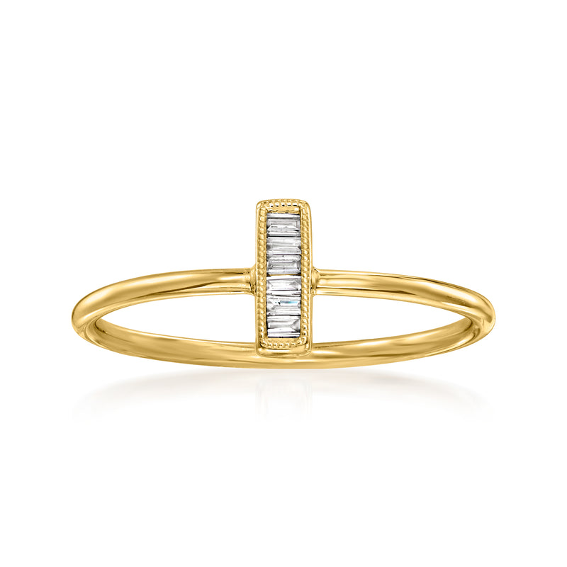14kt yellow gold ring with baguette diamond bar centerpiece