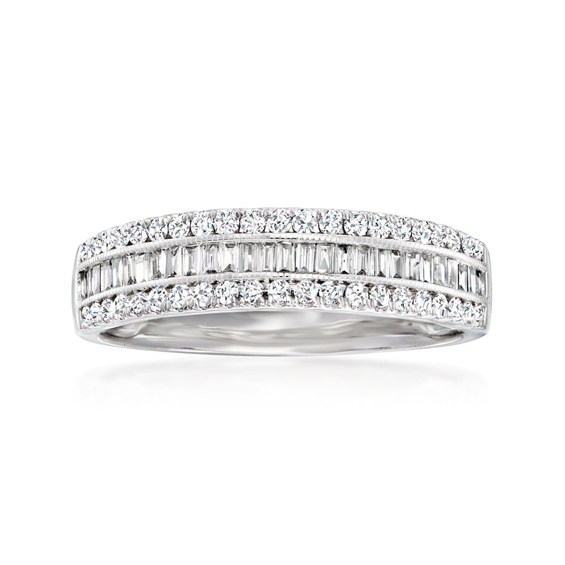 14kt white gold diamond ring with round and baguette stones in a wide band