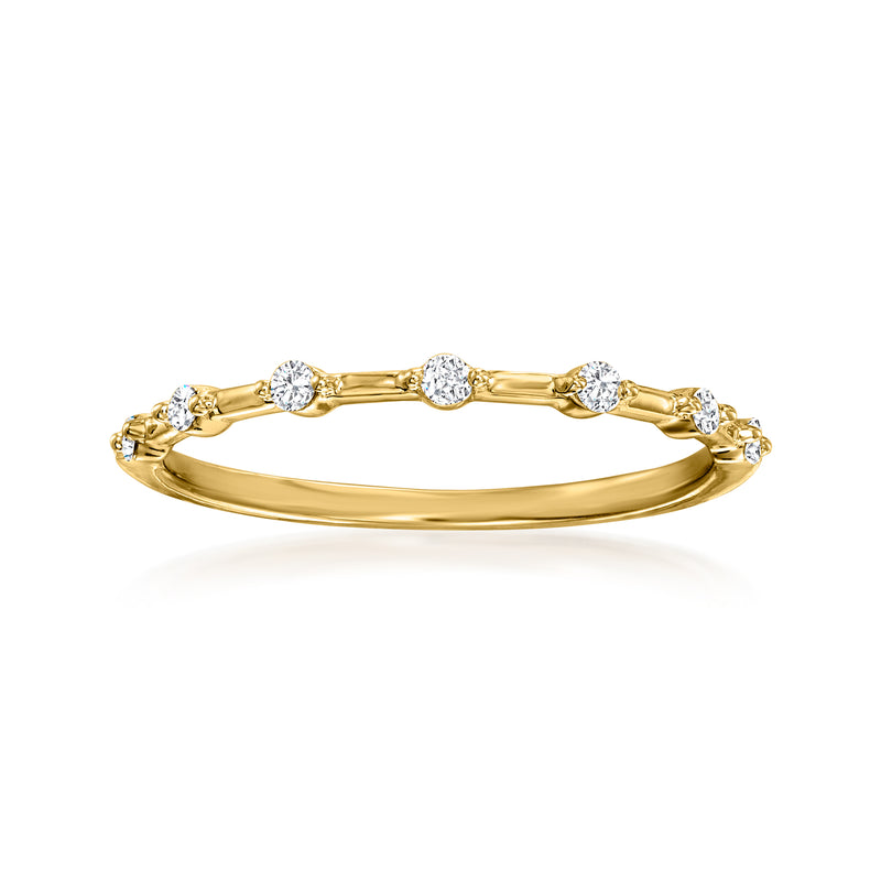14kt yellow gold station ring with five round diamond accents, polished band