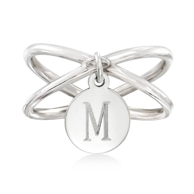Silver crisscross ring with round initial disc charm, engraved letter M