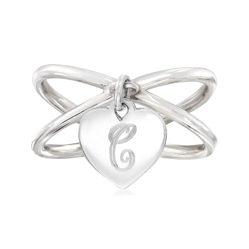 Sterling silver crisscross ring with heart charm and letter G initial