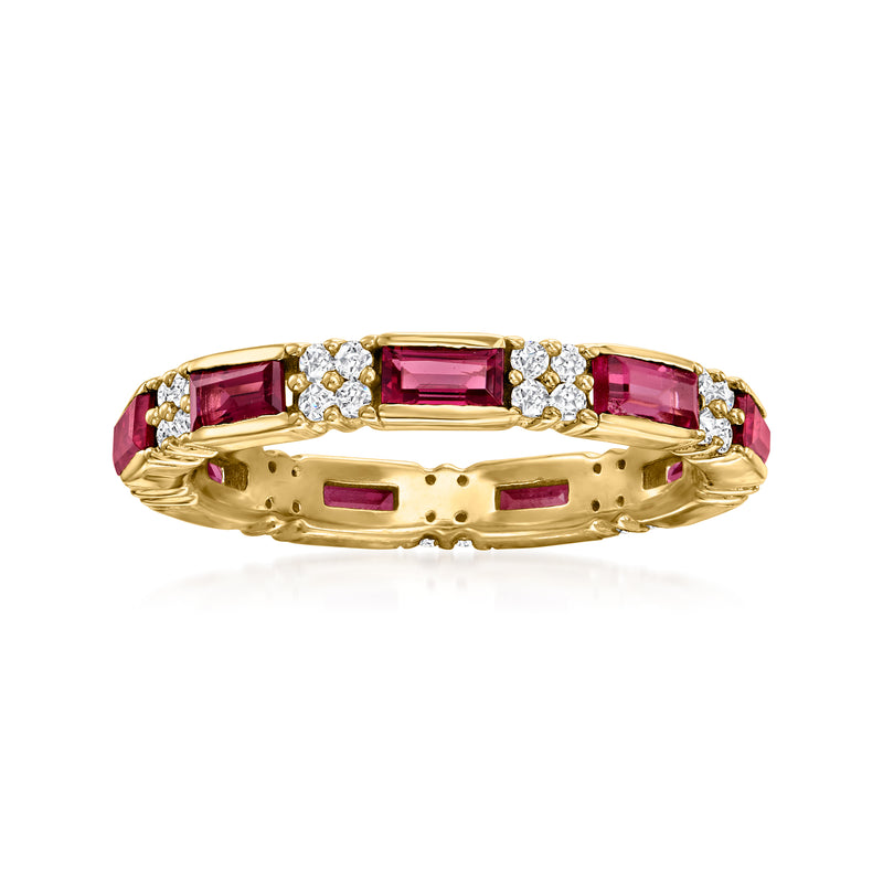 Gold eternity band ring with pink baguette garnets and white round accents, prong-set