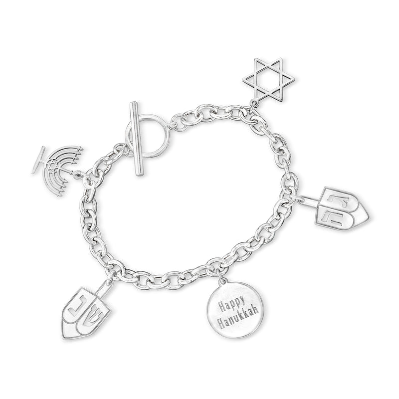 Sterling silver Hanukkah charm bracelet with Star of David, menorah, and 'Happy Hanukkah' charm