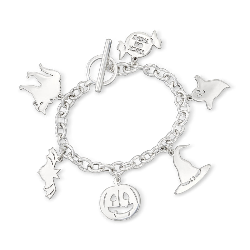 Sterling silver Halloween charm bracelet with jack-o-lantern, bat, ghost, and witch-hat charms