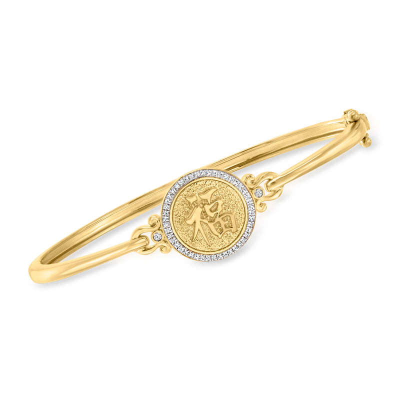 Gold over sterling bangle bracelet with round medallion and diamond pave bezel