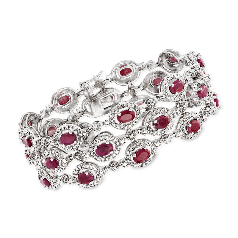 Sterling silver three-row bracelet with oval red rubies and diamond-like stones