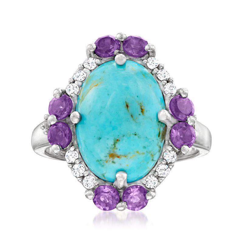 Sterling silver ring with oval turquoise center, purple amethyst halos and white zircon accents