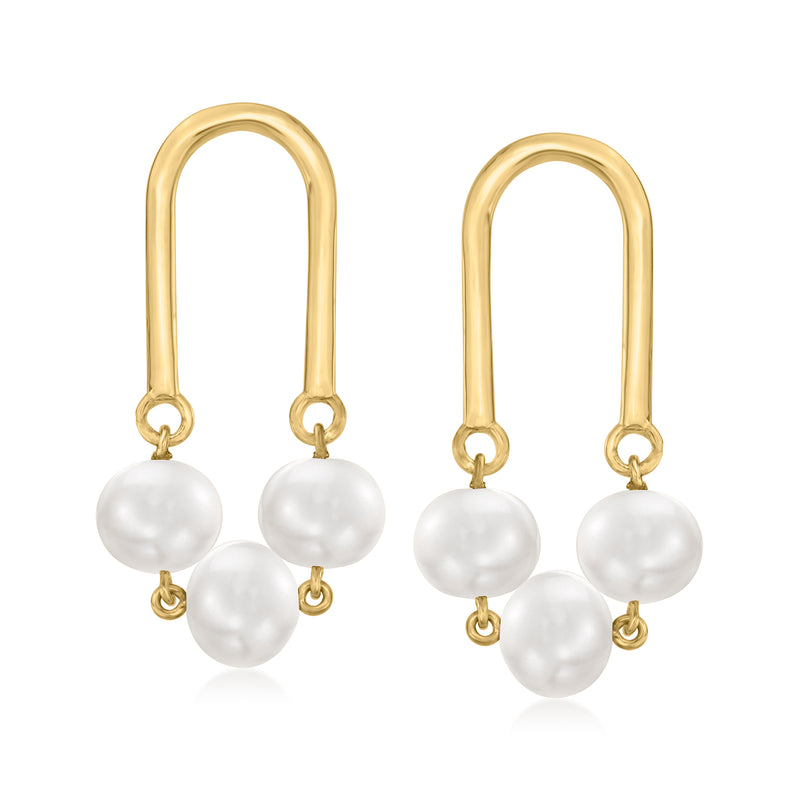 Gold over sterling drop earrings with three white cultured pearls and open gold hoops