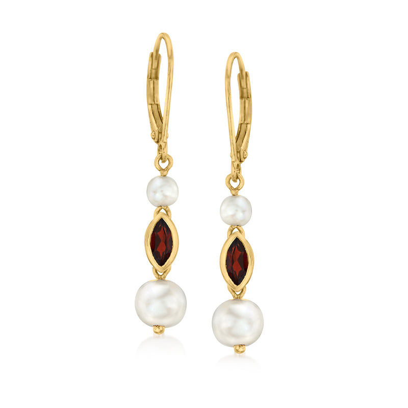 18kt gold-over-sterling leverback drop earrings with cultured pearls and garnet drops