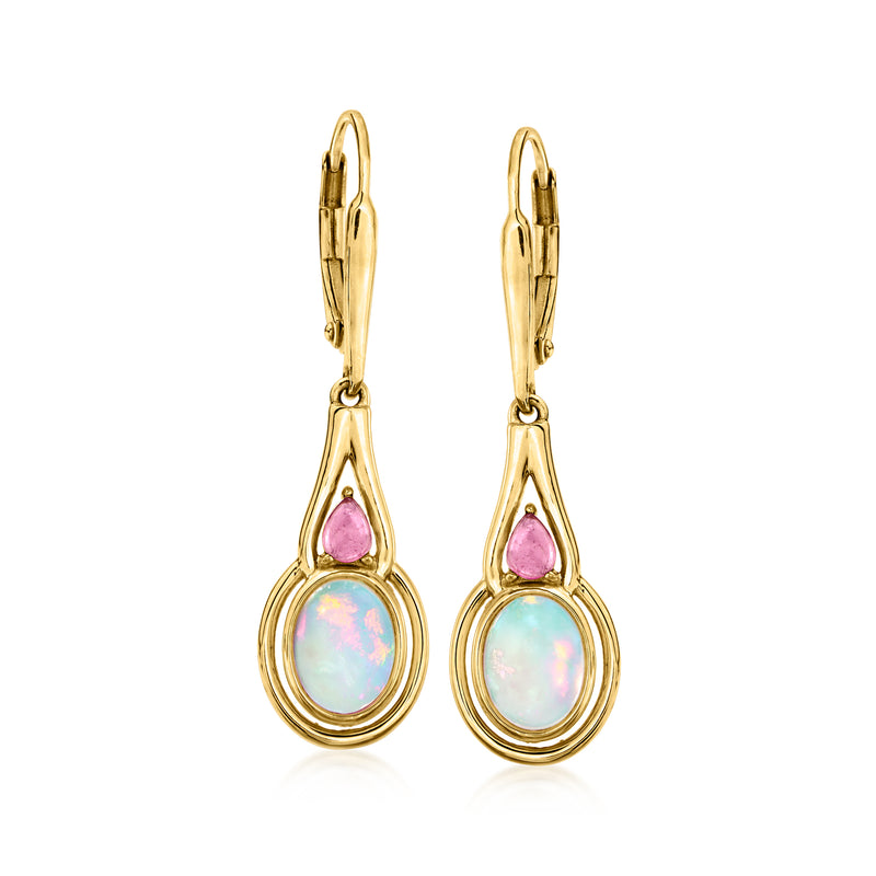 Gold-tone drop earrings with pink teardrop and opal-like oval dangle, leverback