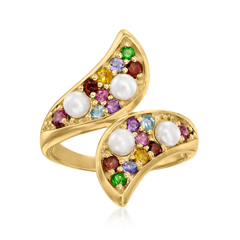 Gold-tone double open ring with multicolored gemstones and three cultured pearls