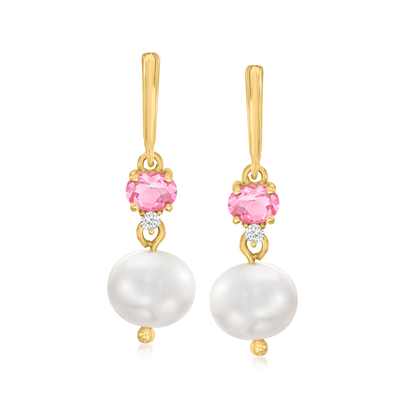 Gold drop earrings with pink gemstone, diamond accents, and white pearl drops