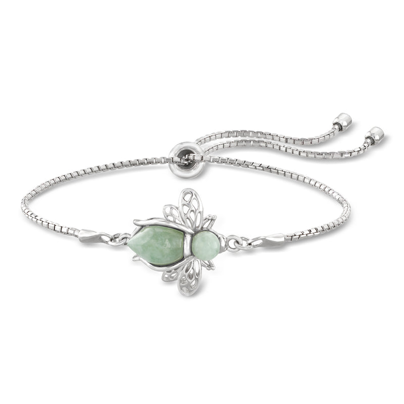 Sterling silver bolo bracelet with jade-green bee charm and adjustable slider ends