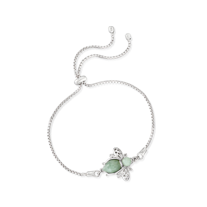 Sterling silver bolo bracelet with jade-green bee centerpiece and dangling charm