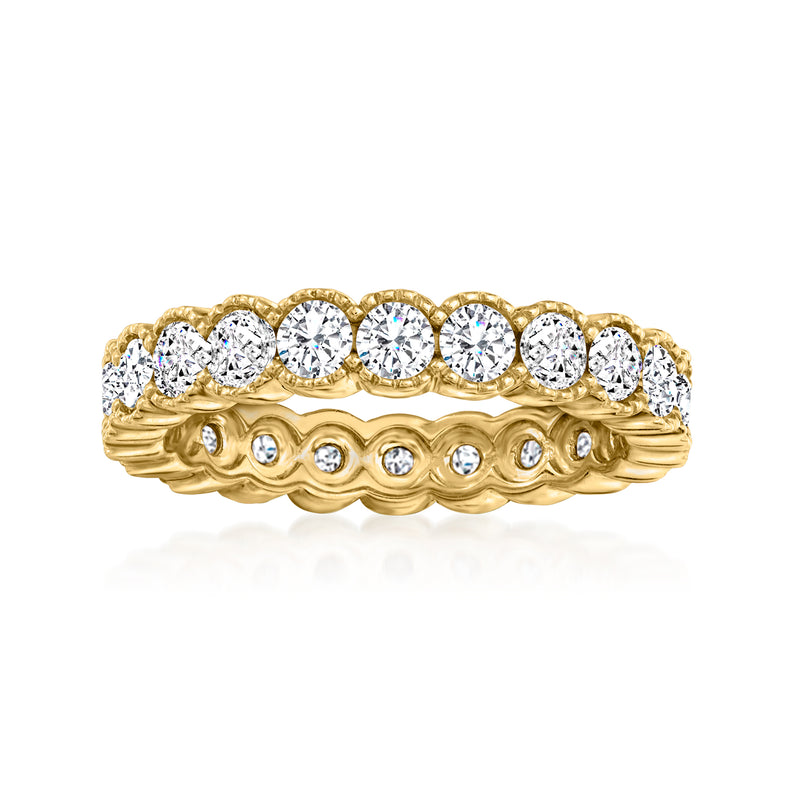 14k yellow gold diamond eternity band with round semi-bezel-set stones and scalloped profile