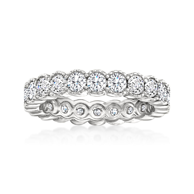 14kt white gold diamond eternity band with round stones in semi-bezel settings
