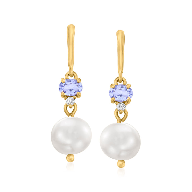 18kt gold over sterling drop earrings with purple gemstone, diamond accents, white pearl