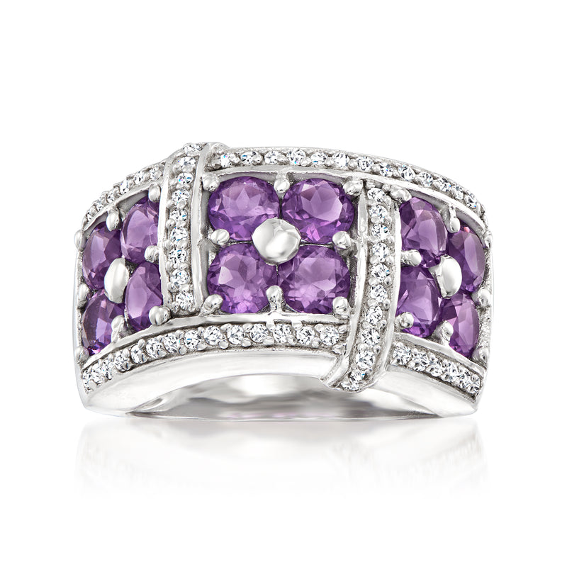 Sterling silver amethyst gemstone flower ring with white zircon accents, square center