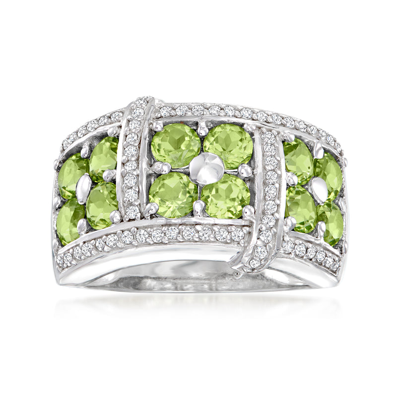 Sterling silver ring with green peridot gemstones and white zircon accents, openwork frame
