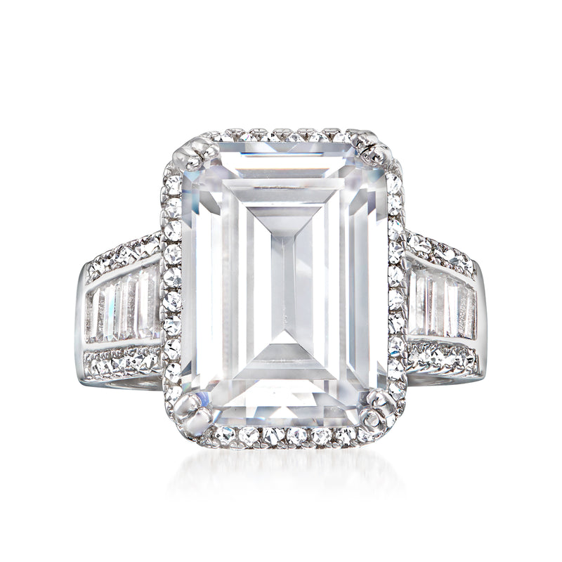 Sterling silver CZ ring with large emerald-cut center and baguette side stones