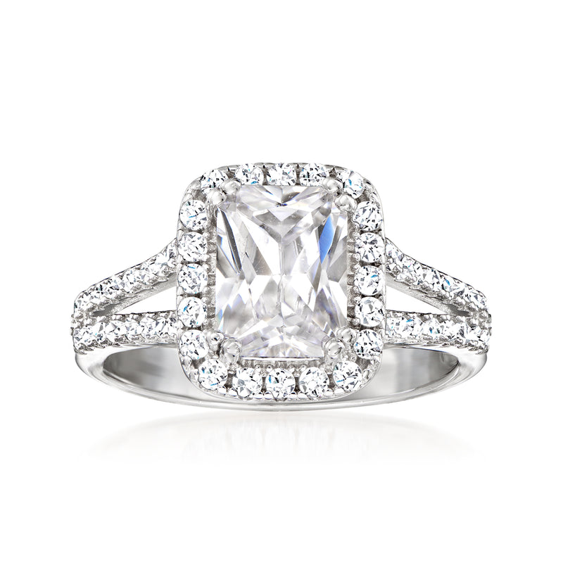 Sterling silver CZ ring with rectangular center stone and pavé halo