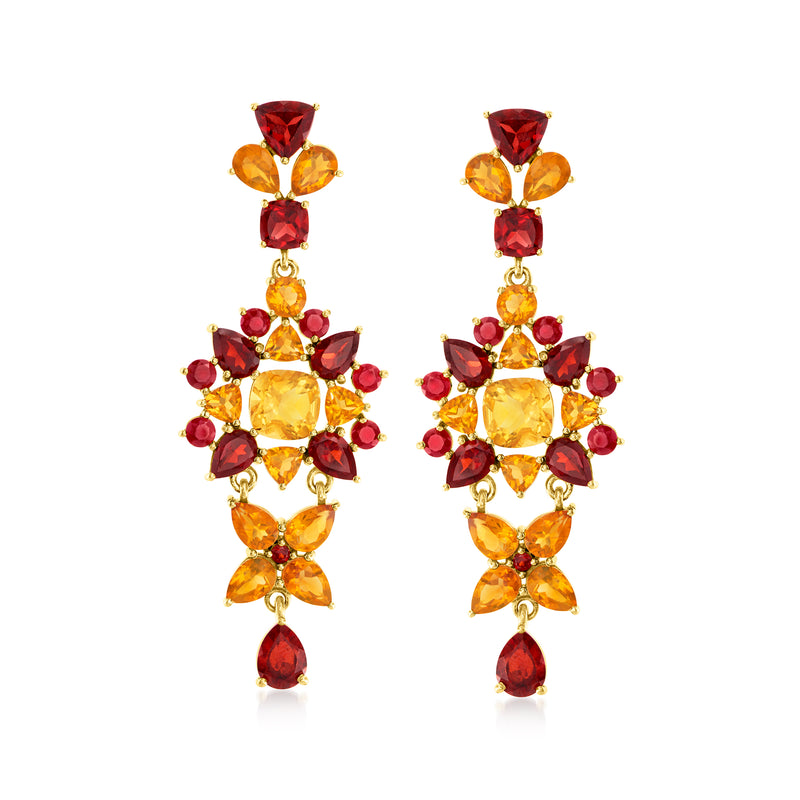 Multi-gemstone drop earrings in gold setting with red and amber stones