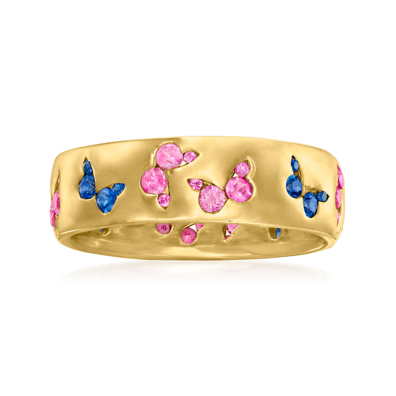18kt gold over sterling butterfly ring with pink and blue sapphire accents, wide band